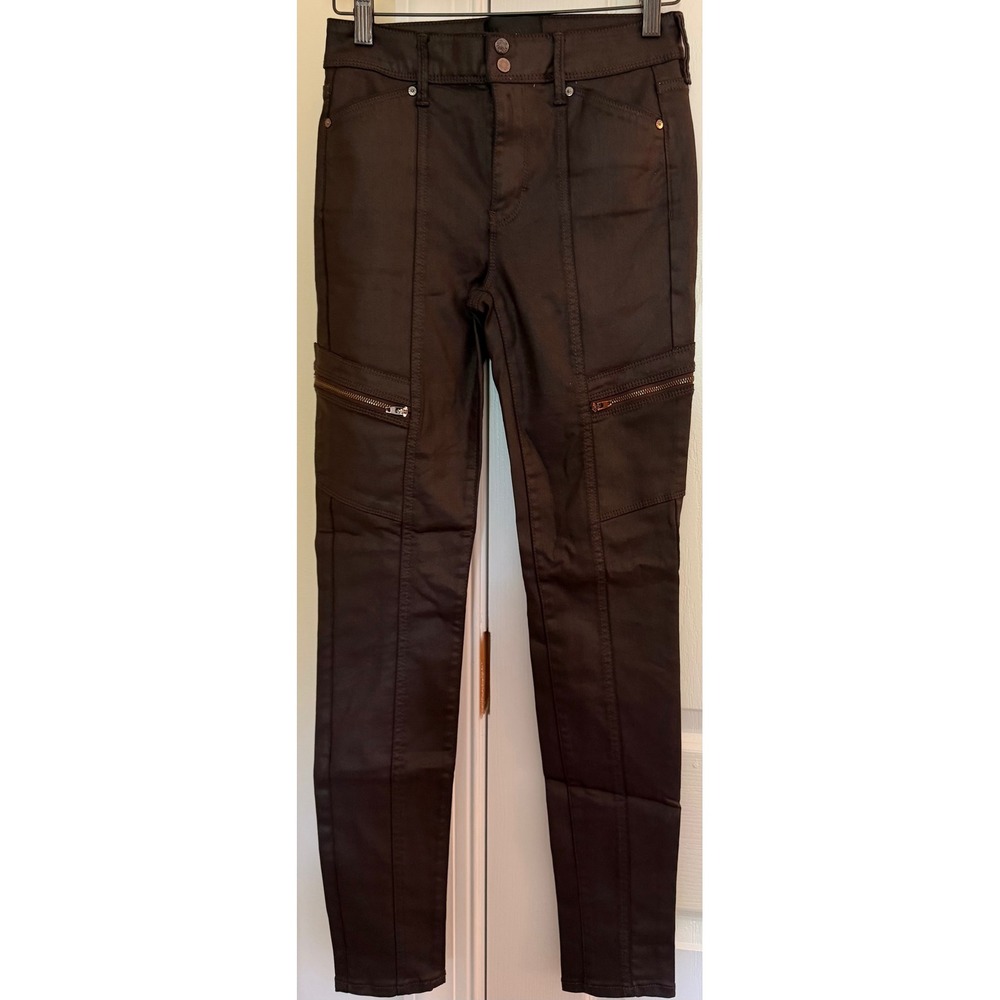 White House Black Market WHBM Coated High Rise Skinny Moto Cargo Pants Brown 00